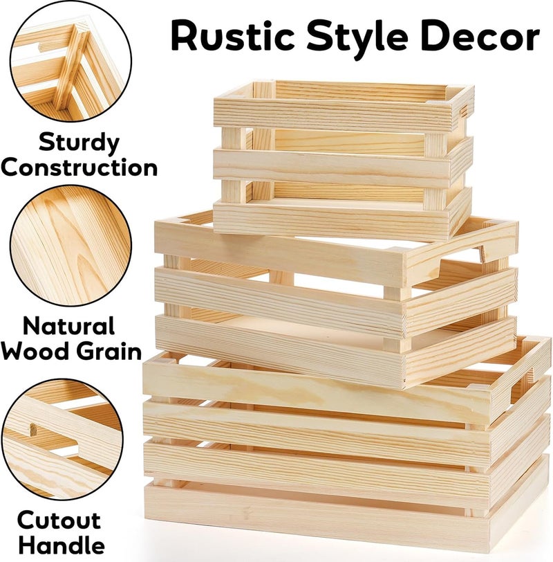 Youeon Set of 3 Rustic Wooden Nesting Crates with Handles, Decorative Wooden Crates, Crate Box Wooden Storage Box for Kitchen, Office, Bedroom, Closet, Rustic Country Decor - Image 3